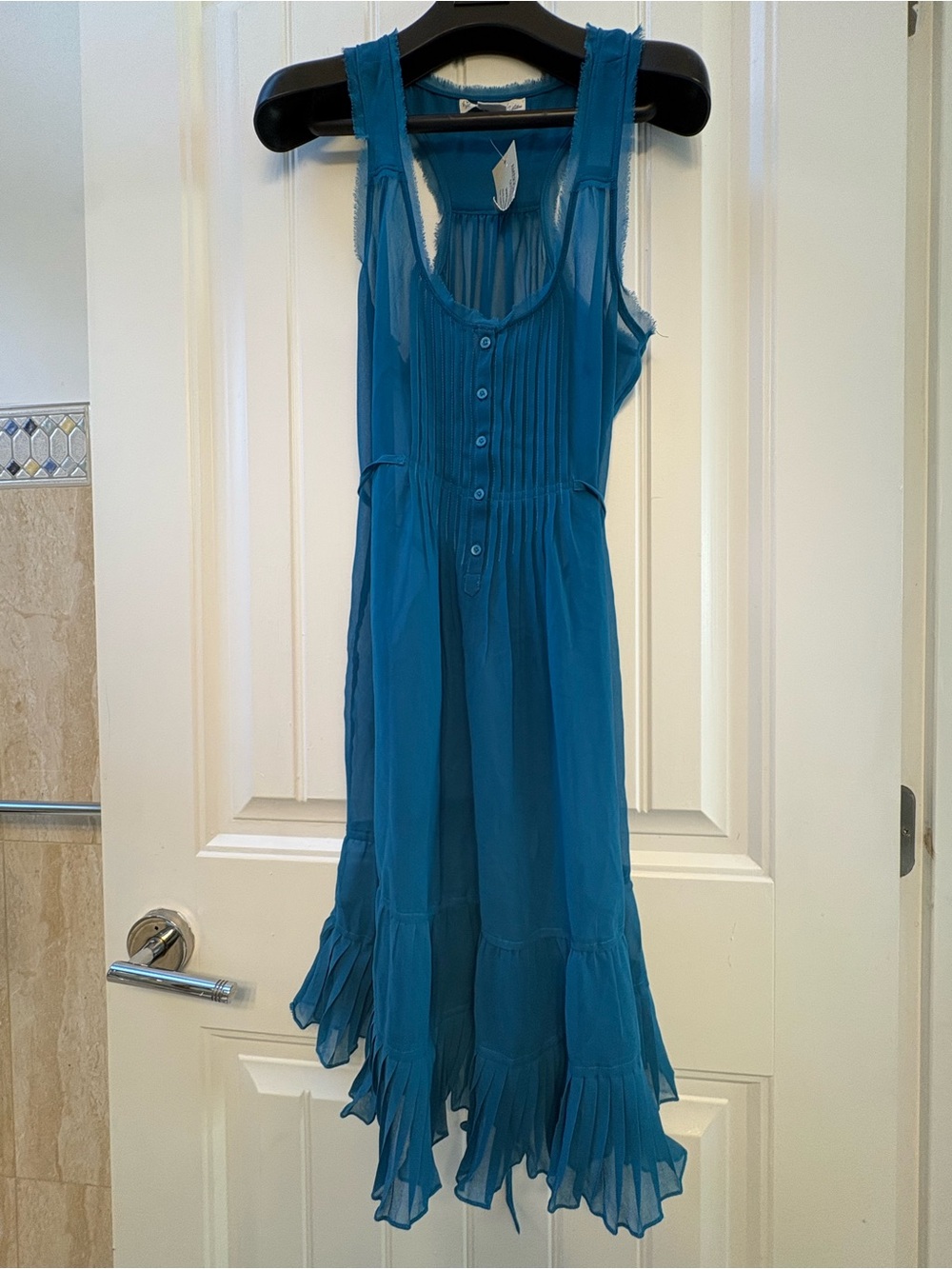 NWT American Eagle Sheer Chiffon Sleeveless Dress Pleated Ruffle Hem Teal size 0